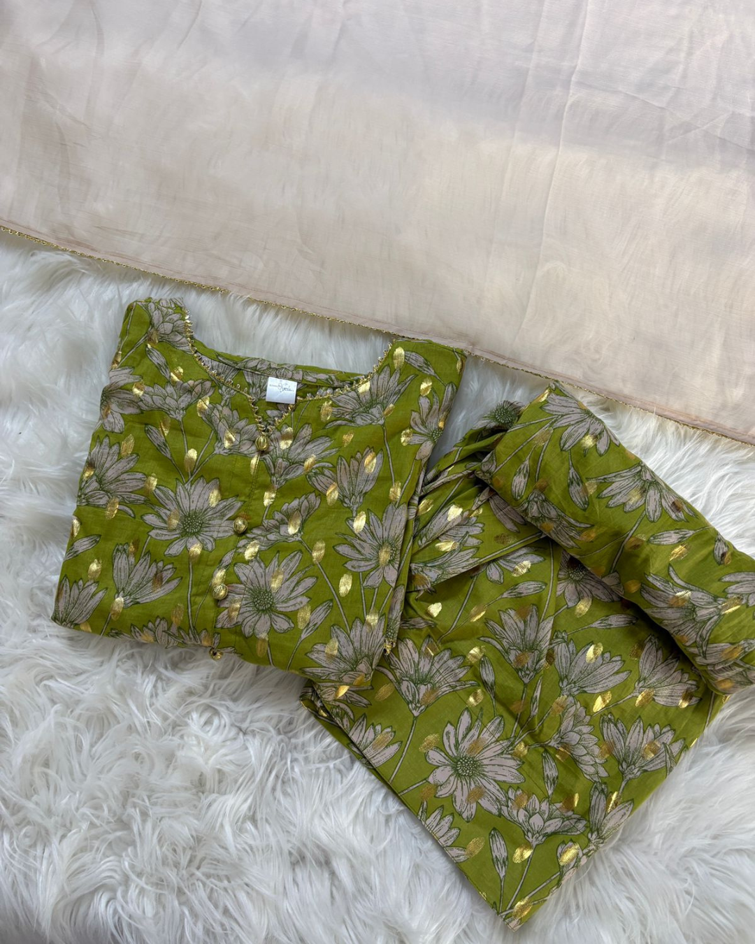 Green Lawn With Golden Gotta & Lace Detailing- 3 Pc