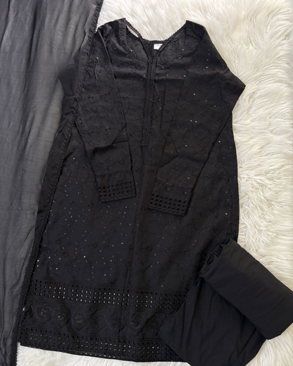 Black Sequin Chikankari 3 Pcs Suit - Viral Summer Edition