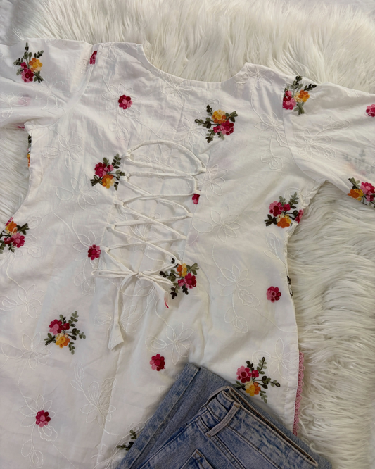 Floral White Chikankari Kurti - Corset Back