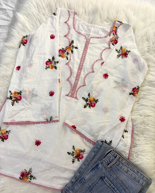 Floral White Chikankari Kurti - Corset Back