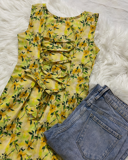 Yellow Floral Printed Kurti - Corset Back