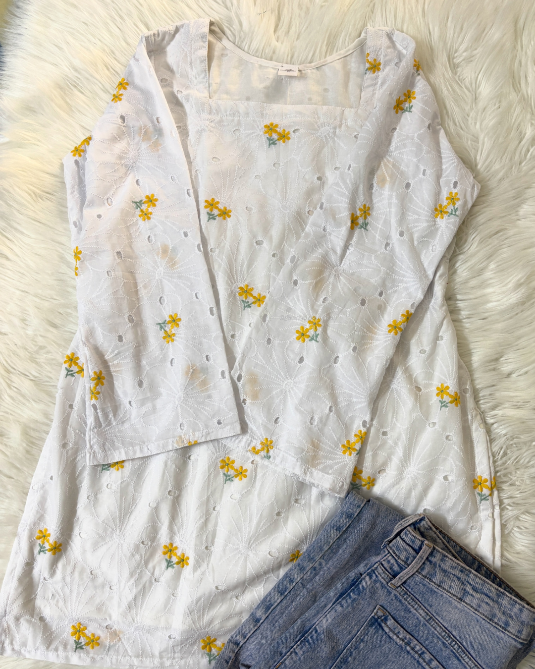 White & Yellow Chikankari Kurti - Corset Back