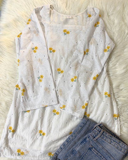 White & Yellow Chikankari Kurti - Corset Back