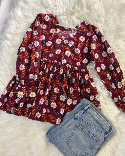 Maroon Floral Lawn Peplum - New Arrivals