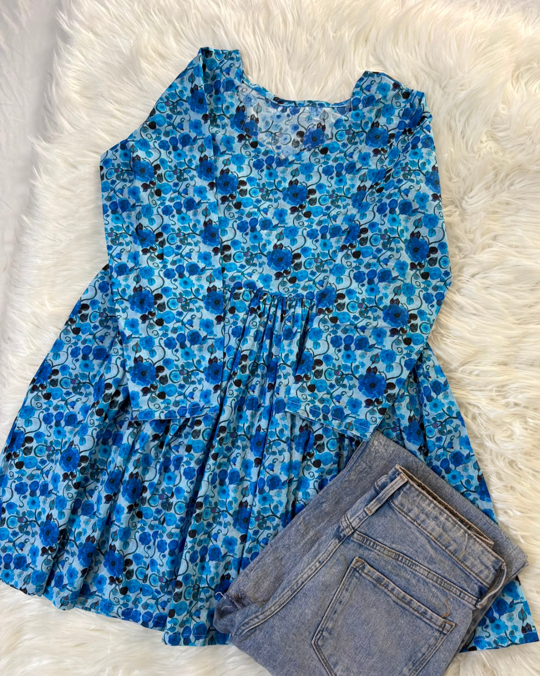 Ice Blue Floral Lawn Kurti