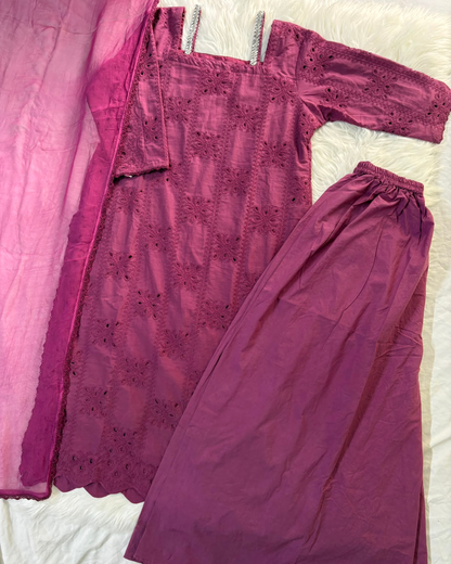 Ayla - Chikankari Kurta With Plazzo - 3 Pc