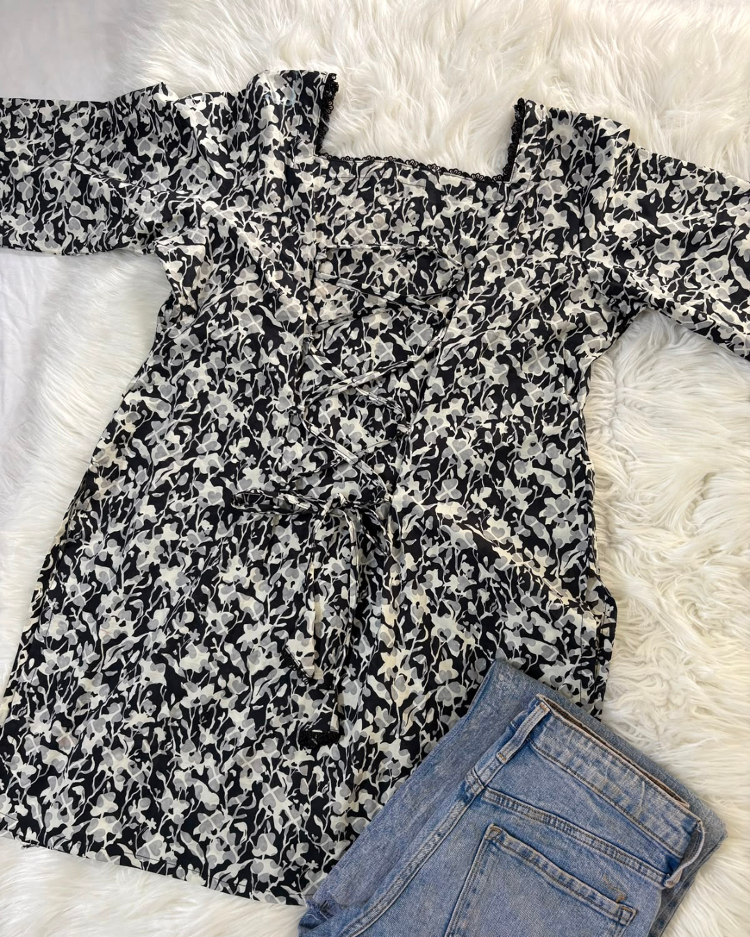 Forset Black & White Floral Kurti - Corset Back