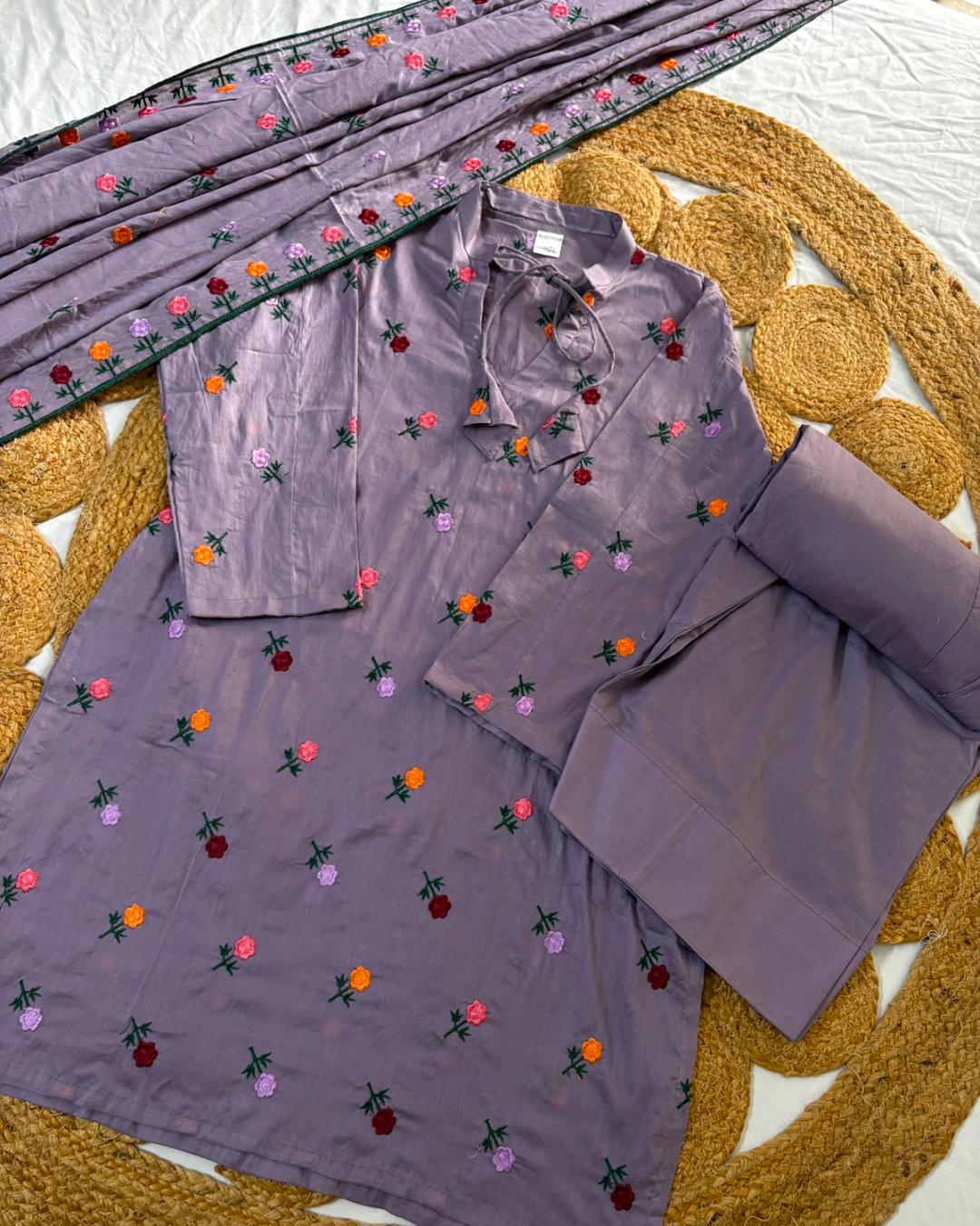 Purple Embroidered Floral - 3 Pc Suit Lawn Dupatta