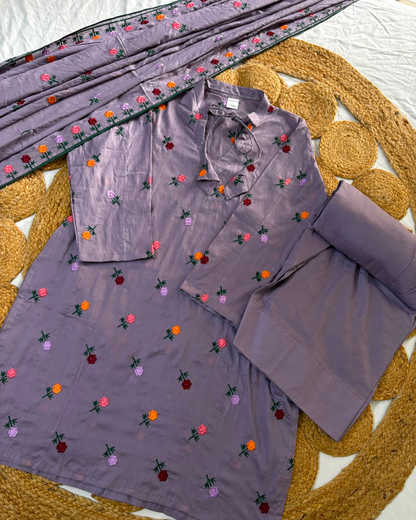 Purple Embroidered Floral - 3 Pc Suit Lawn Dupatta