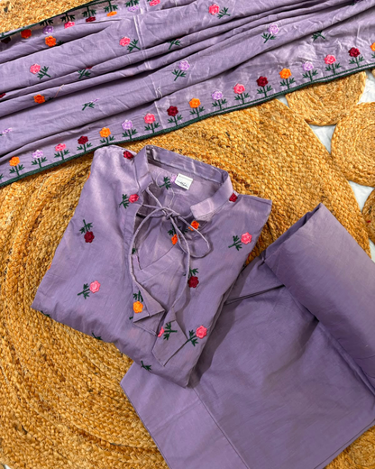 Purple Embroidered Floral - 3 Pc Suit Lawn Dupatta