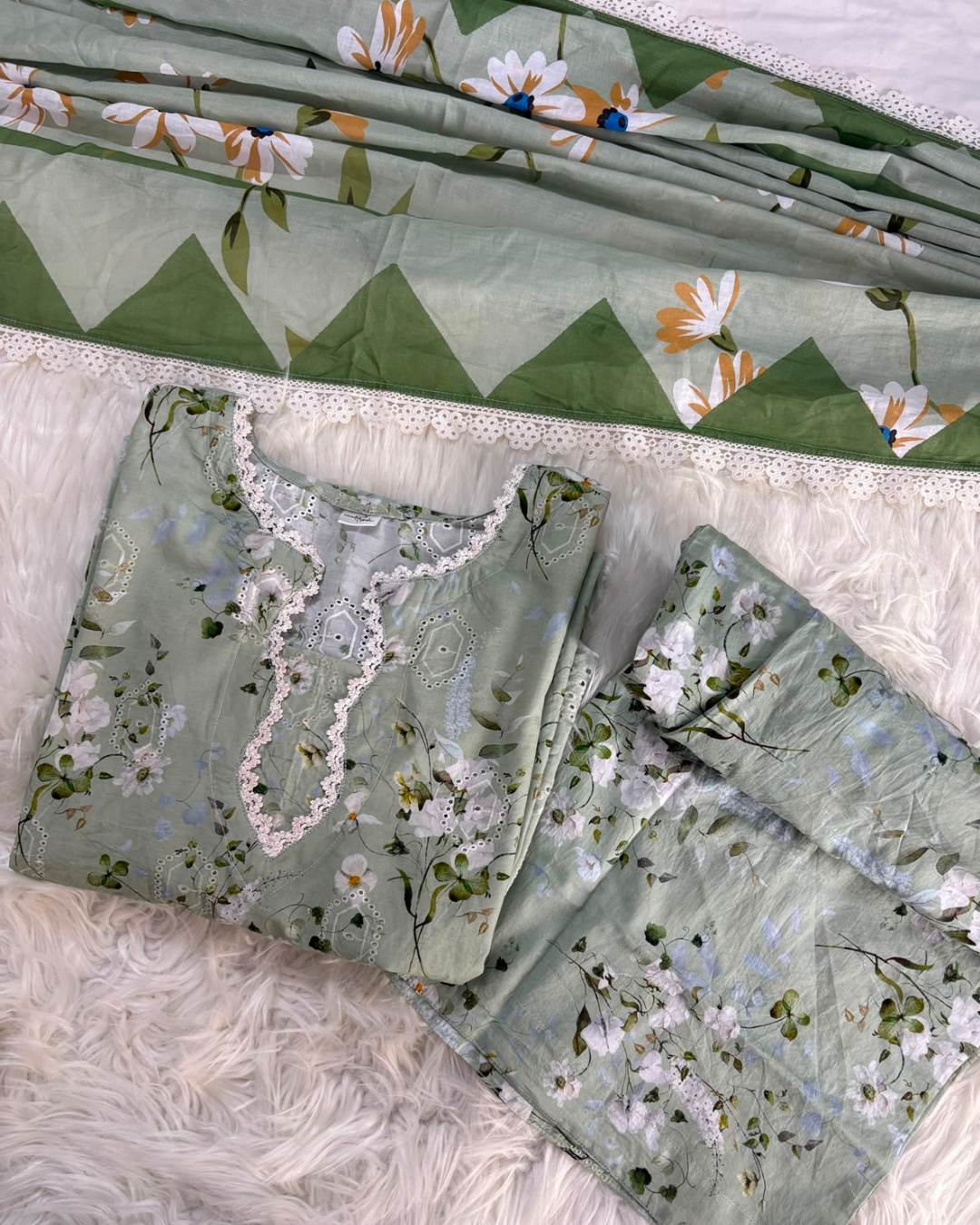 Pistachio Printed Lawn With Chikankari Border - 3 Pc Set