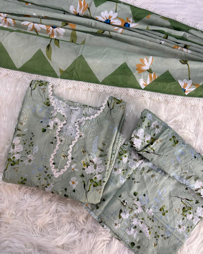 Pistachio Printed Lawn With Chikankari Border - 3 Pc Set