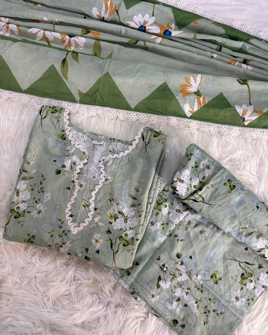 Pistachio Printed Lawn With Chikankari Border - 3 Pc Set