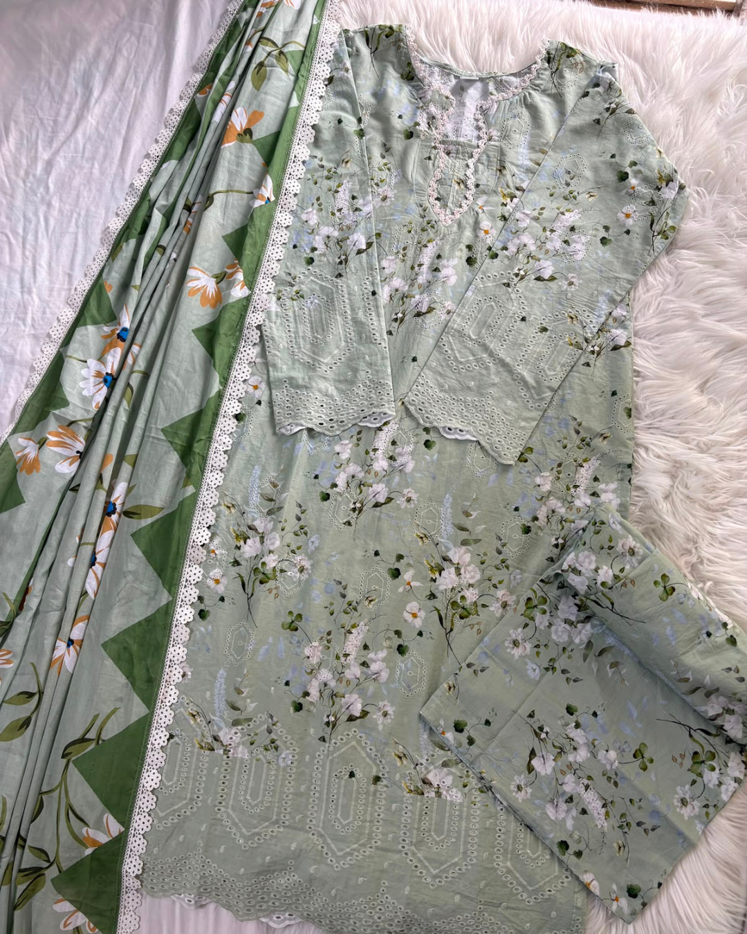 Pistachio Printed Lawn With Chikankari Border - 3 Pc Set
