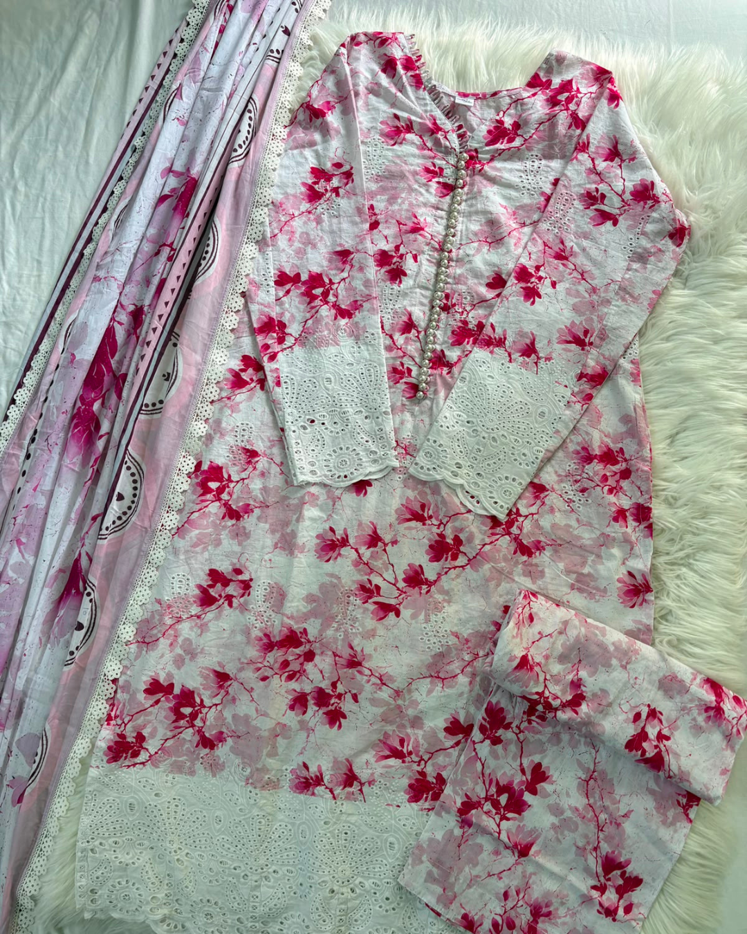 Floral Strawberry Chikankari- 3 Pcs Set