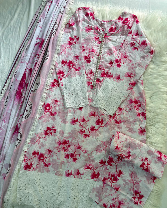 Floral Strawberry Chikankari- 3 Pcs Set