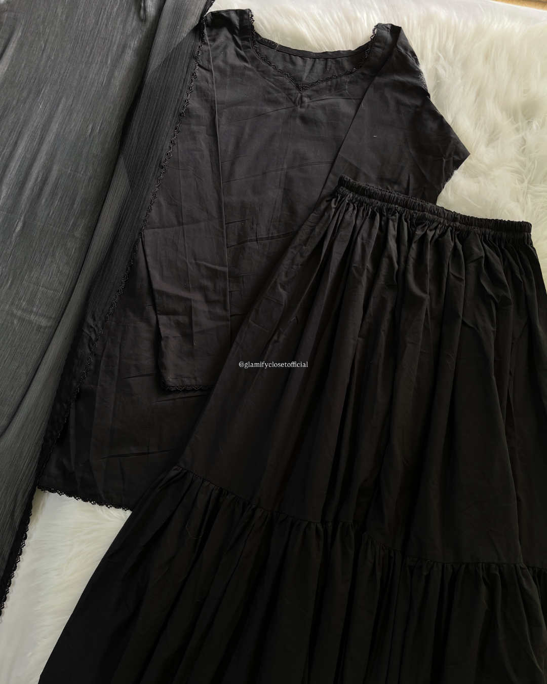 Black Lawn Gharara Set - 3 Pc