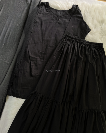 Black Lawn Gharara Set - 3 Pc