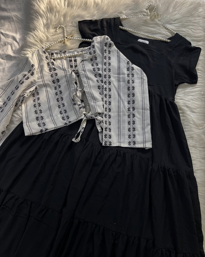 Black Long Dress With Printed Upper - 2 Pc Set