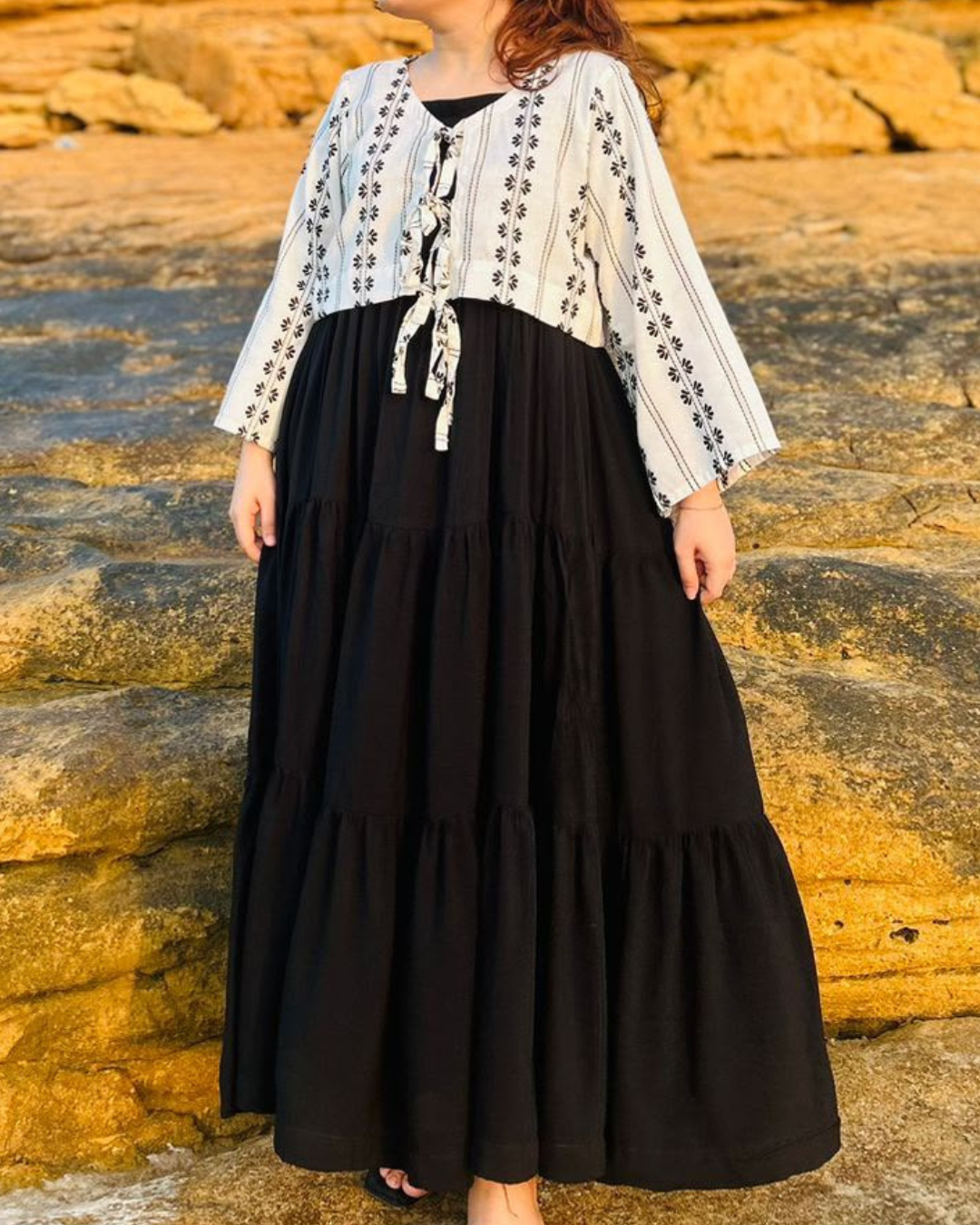 Black Long Dress With Printed Upper - 2 Pc Set