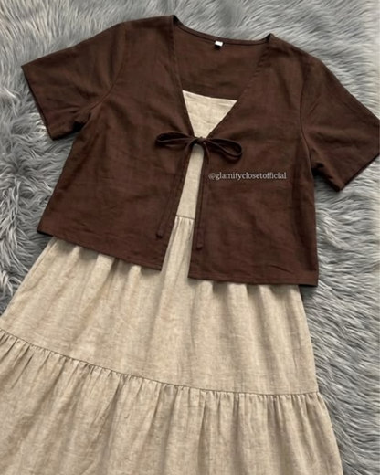 Mocha Brown Linen Long Dress With Upper - 2 Pc