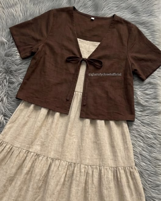 Mocha Brown Linen Long Dress With Upper - 2 Pc