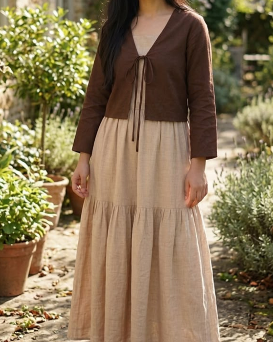 Mocha Brown Linen Long Dress With Upper - 2 Pc