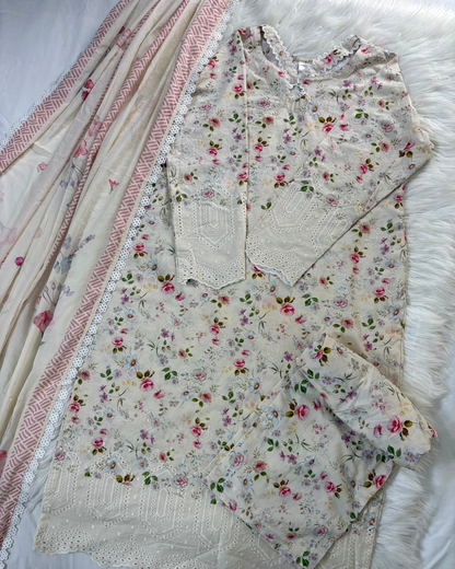 Creamy Floral Chikankari - 3 Pc Suit