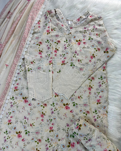 Creamy Floral Chikankari - 3 Pc Suit