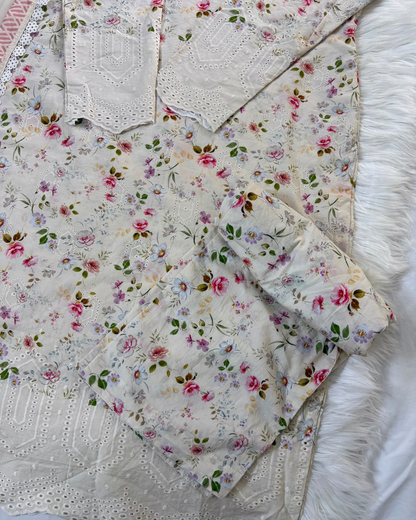 Creamy Floral Chikankari - 3 Pc Suit