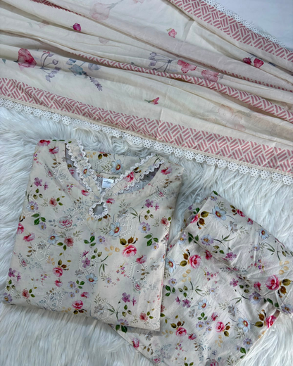 Creamy Floral Chikankari - 3 Pc Suit