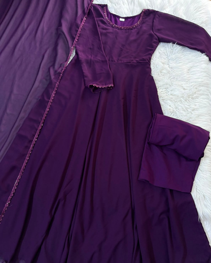 Purple Chiffon Long Frock - 3 Pc Set