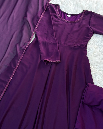 Purple Chiffon Long Frock - 3 Pc Set
