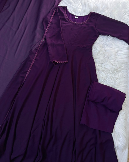 Purple Chiffon Long Frock - 3 Pc Set
