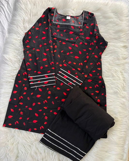 Black & Red Printed Lawn Farshi Set - 2 Pc