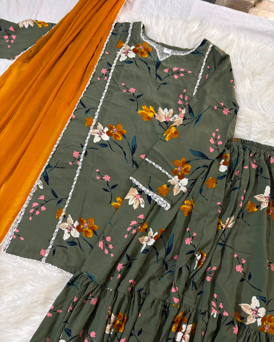 Olive Green Linen Printed Gharara - 3 Pc