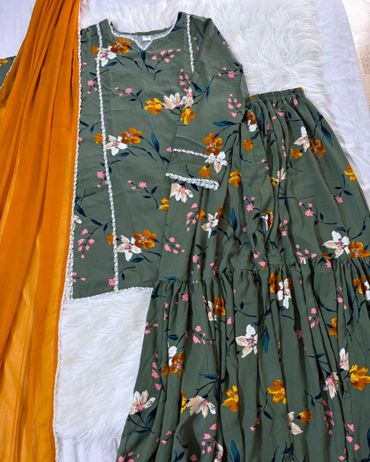 Olive Green Linen Printed Gharara - 3 Pc