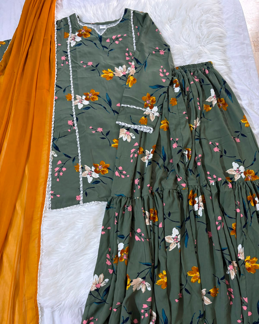 Olive Green Linen Printed Gharara - 3 Pc