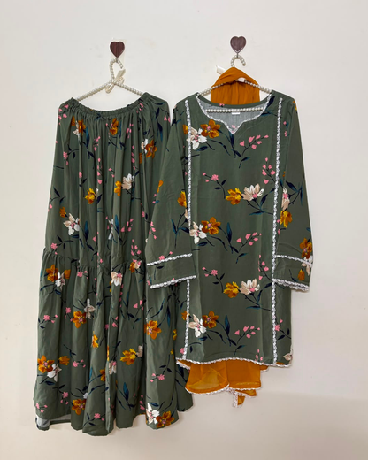 Olive Green Linen Printed Gharara - 3 Pc