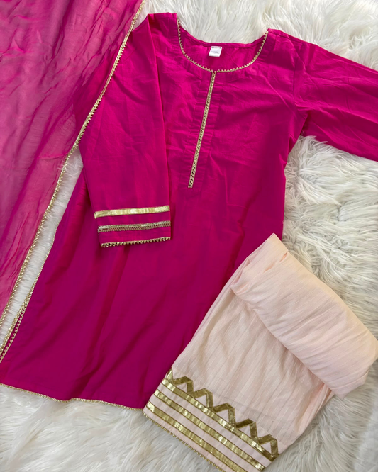 Hot Pink Punjabi Farshi Style Lawn - 3 Pc