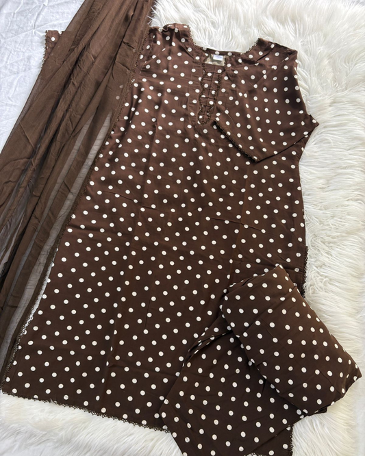 Brown Polka Dots Patiyala Suit - 3 PC