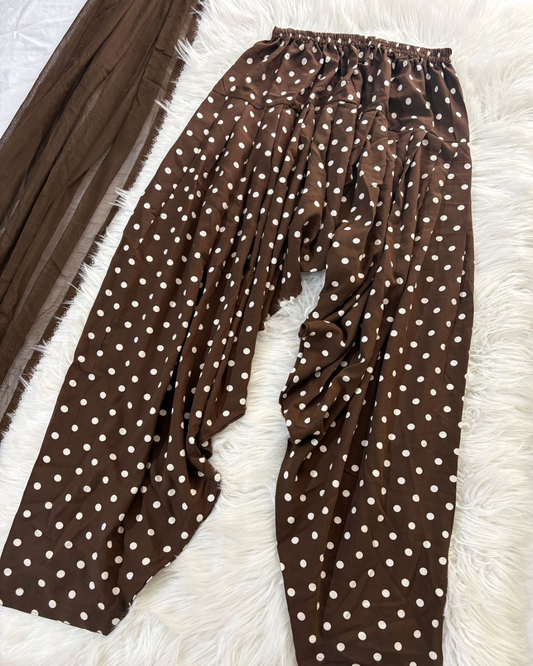 Brown Polka Dots Patiyala Suit - 3 PC