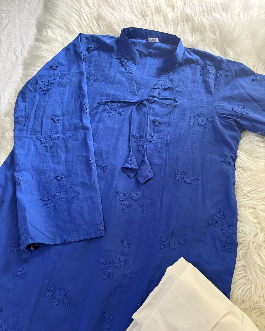 Blue Chikankari Kurti With White Cotton Trouser - 2 PC