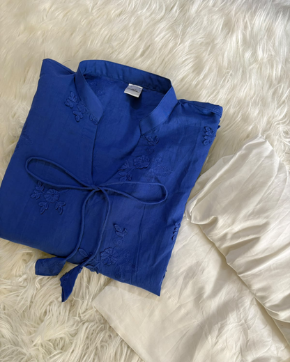 Blue Chikankari Kurti With White Cotton Trouser - 2 PC