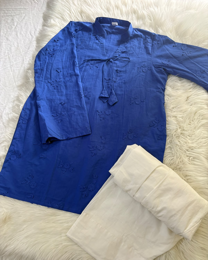 Blue Chikankari Kurti With White Cotton Trouser - 2 PC