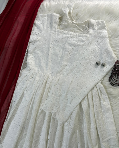 Noor Jahan | White Chikankari Anarkali Frock - 2 PC