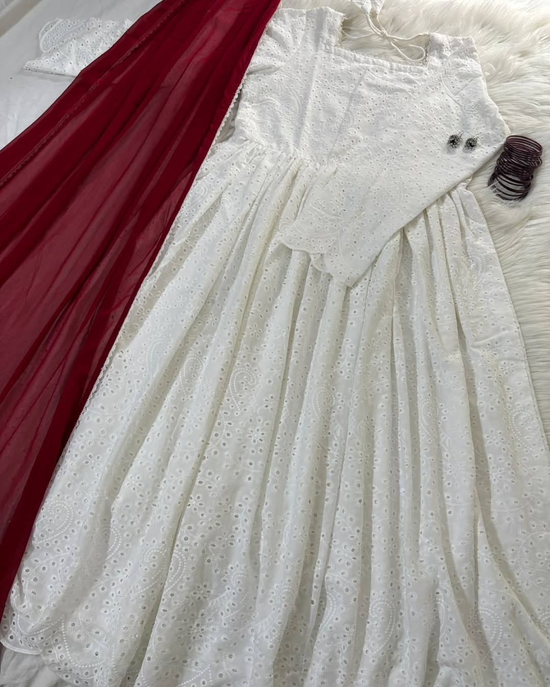 Noor Jahan | White Chikankari Anarkali Frock - 2 PC