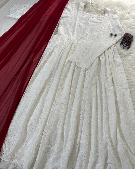Noor Jahan | White Chikankari Anarkali Frock - 2 PC