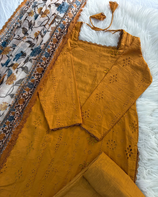 Yellow Mustard Chikankari With Plazzo & Printed Dupatta - 3 Pc Set