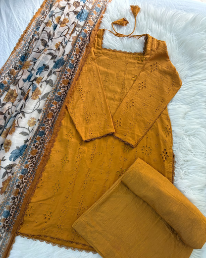 Yellow Mustard Chikankari With Plazzo & Printed Dupatta - 3 Pc Set